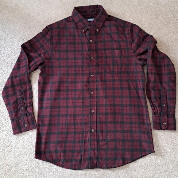 Chaps Plaid Flannel Shirt Performance Top Men's Medium Red Black Plaid Collared - Picture 1 of 8